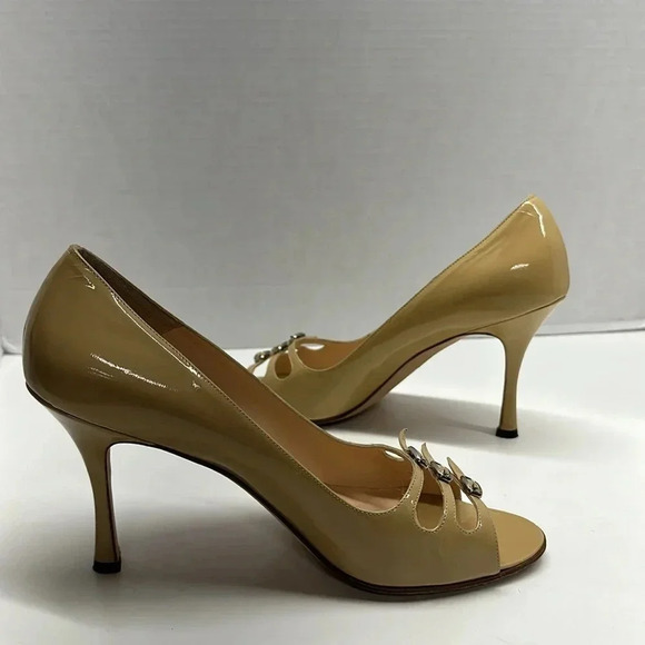 Manolo Blahnik High Heel Shoes Patent Leather Open Toe 3 Buckle Tan Nude Size 40 - Picture 7 of 12